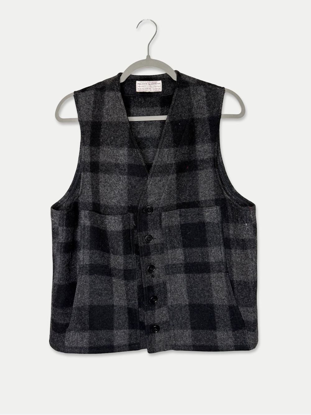 FILSON Garment Vest Size Large Vintage 100% Virgin Wool Plaid Black Gray